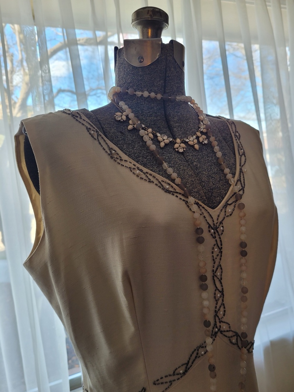 Vintage Cream Beaded V-Neck Dress with Brown Embroidery beading - Picture 4 of 7